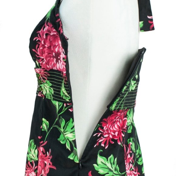 Donna Ricco Pin-Up Halter Dress – Retro Floral Black Red Green – Size 6 - Picture 2 of 5